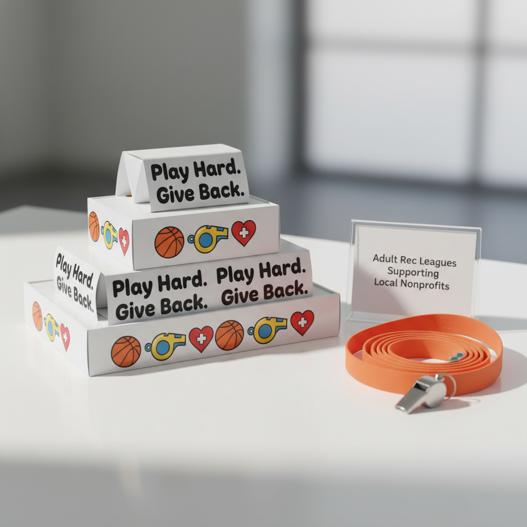 A neatly stacked pyramid of glossy, custom-printed flyers on a clean white table, each flyer featuring bold, playful typography reading “Play Hard. Give Back.” along with illustrated icons of a basketball, a whistle, and a donation heart. Beside the flyers lies a bright orange whistle lanyard coiled in a loose spiral and a small acrylic stand holding a sign that says “Adult Rec Leagues Supporting Local Nonprofits.” Soft studio lighting from the left creates gentle shadows and subtle highlights on the flyer edges. Photographic realism, framed in a clean, centered composition with a lightly blurred neutral background, gives a modern, energetic, and approachable feel that matches the nonprofit’s playful brand.