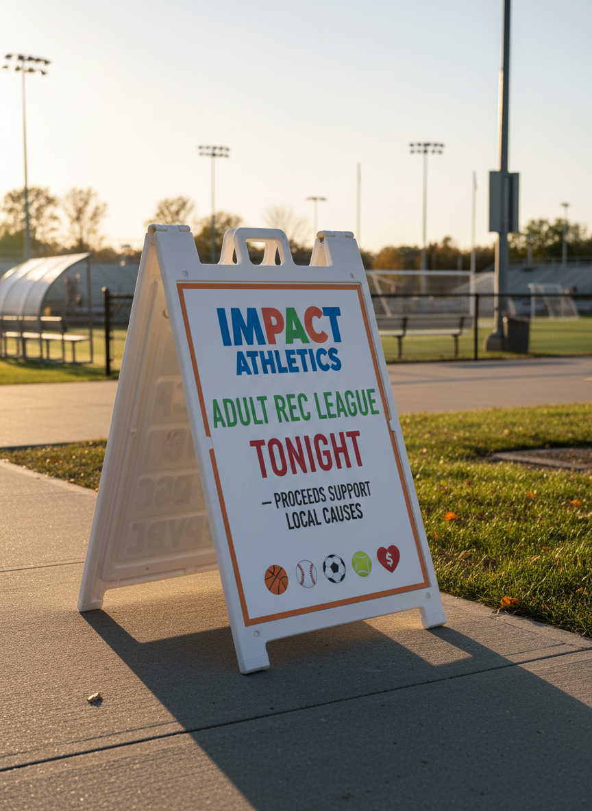 A weather-resistant sandwich board sign set on the edge of a paved walkway leading toward a community sports complex. The sign face is bright white with bold, colorful lettering: “Impact Athletics Adult Rec League Tonight – Proceeds Support Local Causes,” accompanied by small, fun icons of different sports balls and a donation heart. Late afternoon sunlight creates a gentle glow, casting a clear shadow of the sign across the pavement. In the softly blurred background, multiple field lights and the faint outlines of goalposts and dugouts suggest a multi-sport environment. Photographic realism, shot from a low, three-quarter angle, conveys anticipation, friendliness, and community spirit.
