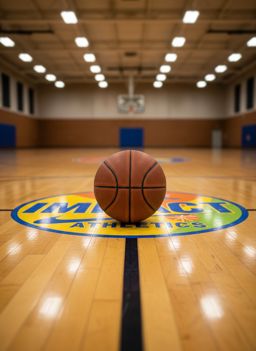 A close-up of a well-used, slightly dusty basketball resting precisely at center court on a gleaming indoor hardwood floor, where a large, circular “Impact Athletics” logo is painted in bright, playful colors beneath it. Overhead gym lights reflect in soft, elongated streaks across the polished wood, creating a lively yet clean visual rhythm. The surrounding court lines radiate outward, lightly blurred as they extend into the distance. Photographic realism, captured from an extremely low angle with a shallow depth of field, emphasizes tactile texture, game-time focus, and the spirited energy of adult rec sports organized for charitable impact.
