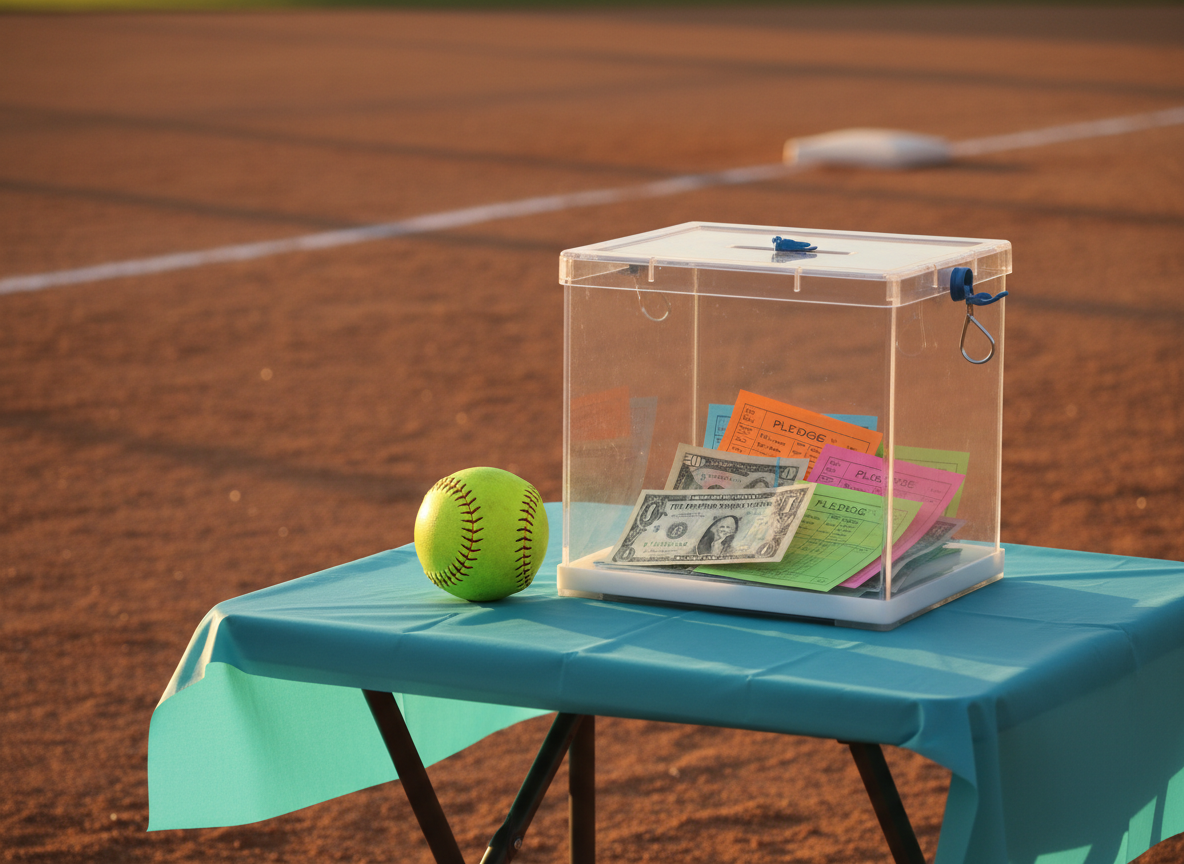 A transparent acrylic donation box, partially filled with folded bills and colorful pledge forms, sitting on a small folding table covered with a bright teal tablecloth at the edge of a well-maintained softball diamond. A pristine yellow softball rests beside the box, its raised red stitching sharply in focus. Late afternoon golden-hour sunlight washes across the scene, casting long, soft shadows from the box and ball, and creating gentle gleams on the acrylic edges. The infield dirt and base path blur into the background. Photographic realism, composed with the donation box on the rule-of-thirds intersection, projects a warm, hopeful, and playful atmosphere centered on raising funds through league play.