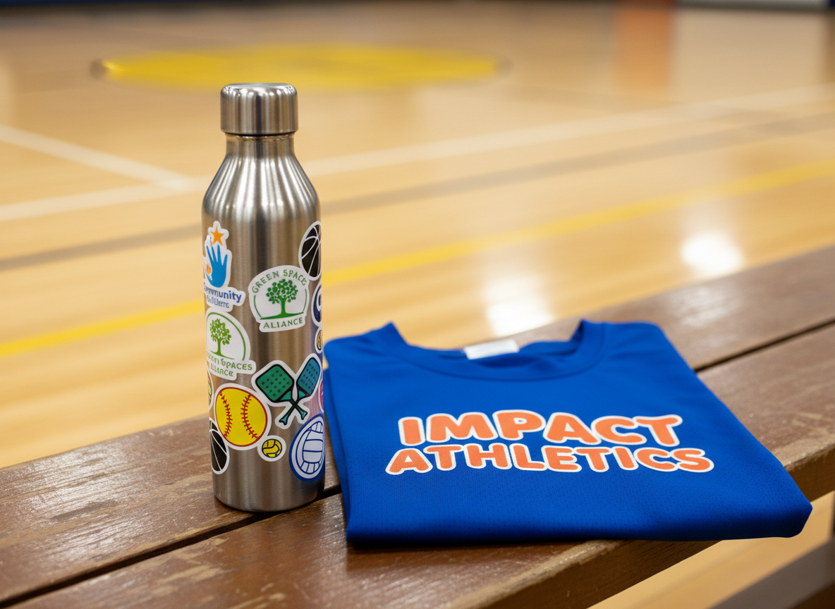 A polished metal water bottle wrapped with colorful vinyl stickers of local nonprofits and small logos of different sports—basketball, softball, pickleball, and volleyball—standing upright on the edge of a wooden gym bench. Next to it lies a neatly folded jersey with “Impact Athletics” printed in bold, playful lettering across the fabric. Overhead gym lights cast warm, even illumination, creating soft reflections on the bottle’s brushed surface. In the out-of-focus background, an indoor court with bright boundary lines stretches across the frame. Photographic realism, captured from a slightly elevated angle, conveys a modern, energetic, and community-focused atmosphere that highlights fundraising through adult recreation.