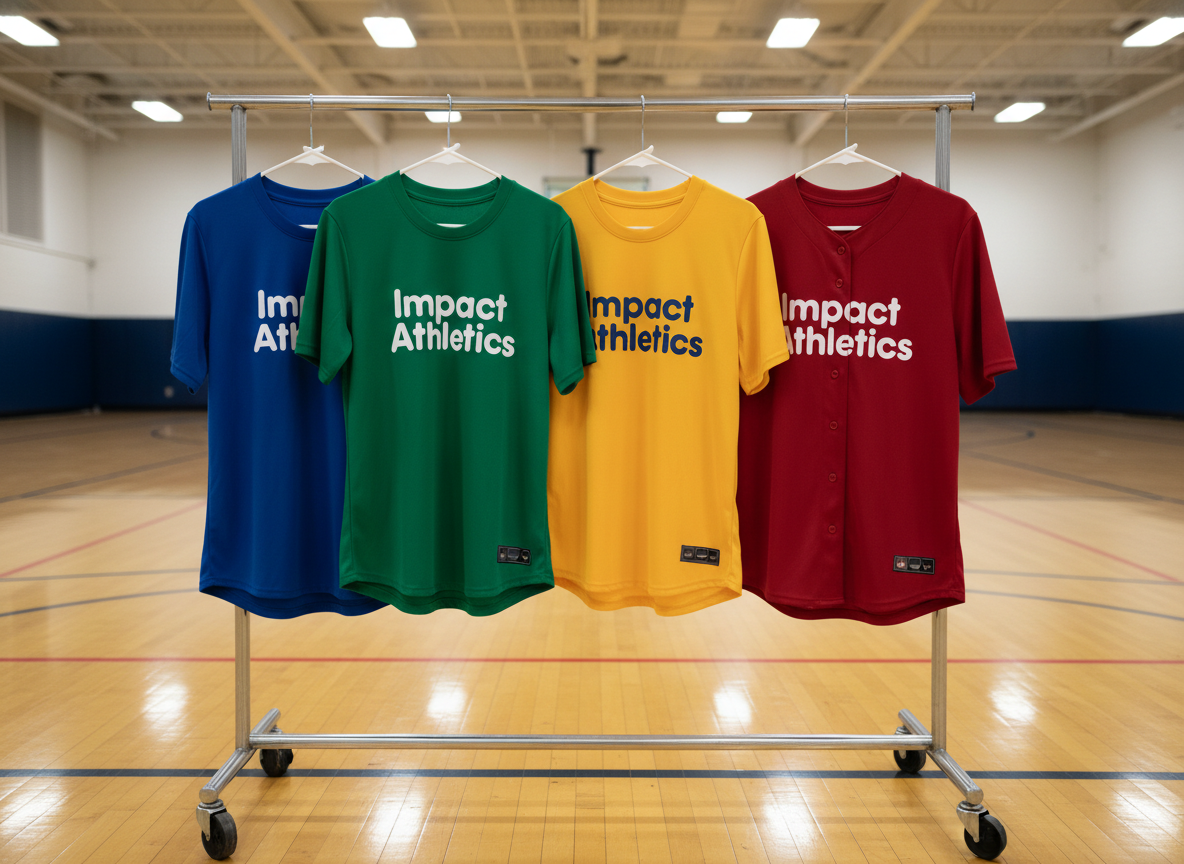Four different sports jerseys—basketball tank, soccer kit top, volleyball tee, and softball button-up—are neatly hung side by side on a simple metal rack, each in a bold, saturated color. Across every chest is the same “Impact Athletics” logo in a friendly, rounded font, with a small heart-shaped icon subtly integrated. The rack stands on a clean indoor court with polished hardwood flooring that reflects the colors of the jerseys. Overhead, diffused gym lighting creates soft, even illumination without harsh shadows. Photographic realism, framed straight-on with sharp focus throughout, showcases variety, inclusivity, and the playful identity of a nonprofit adult rec sports league raising money for local causes.