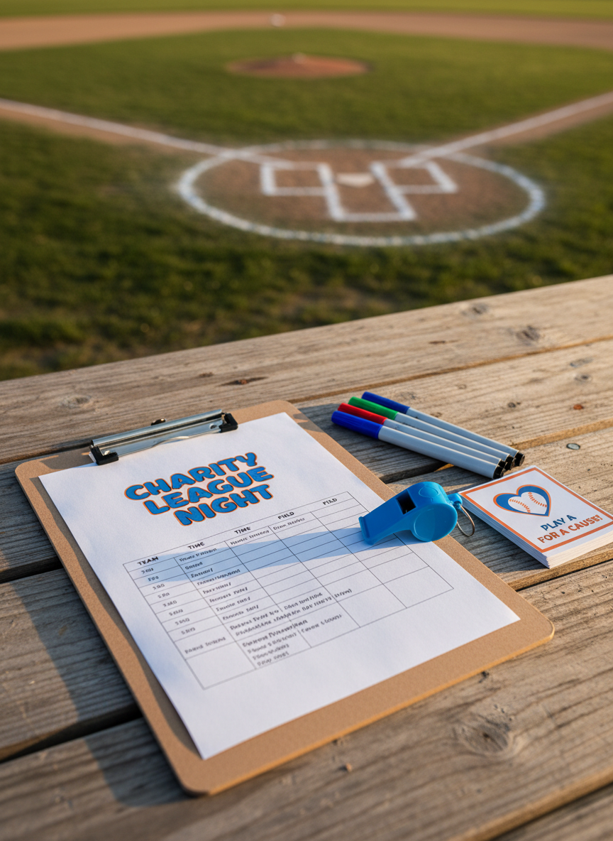 A sturdy clipboard with a game schedule sheet titled “Charity League Night” in bold, playful type, clipped neatly at the top, resting on a weathered wooden picnic table beside a freshly chalked baseball diamond. A bright blue whistle, a handful of colorful dry-erase markers, and a small stack of charity info cards are scattered nearby in an organized, intentional arrangement. Soft, warm sunset light grazes the tabletop, revealing subtle wood grain and casting gentle, elongated shadows from the objects. Photographic realism, shot from a three-quarter overhead angle with a moderate depth of field, creates a focused yet relaxed mood that underscores the planning and organization behind adult rec sports that give back.