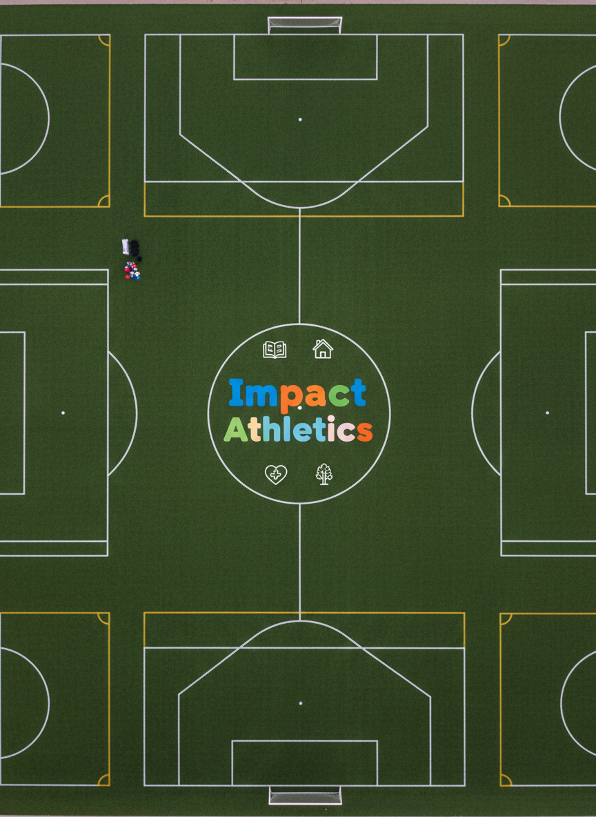A bird’s-eye view of a meticulously lined multi-sport community field, where bright white markings for soccer, flag football, and ultimate frisbee overlap across lush green artificial turf. At midfield, a large, circular “Impact Athletics” emblem is painted in bold, cheerful colors, surrounded by small illustrated icons representing local charities—books, a house, a heart, a tree. Soft, diffused early evening light evenly illuminates the entire field, minimizing harsh shadows and emphasizing the graphic patterns of the lines. Photographic realism with crisp focus across the frame creates a dynamic yet organized composition that suggests active adult recreation woven together with community impact and fundraising.
